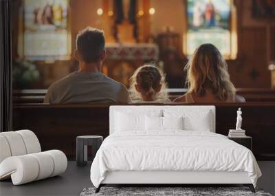 Family sitting on the bench in small church and praying Wall mural