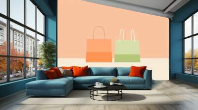 Flat Vector Illustration of Two Shopping Bags on a Table   with Orange and Light Green Tones Wall mural