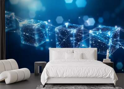 Four Cubes Connected with Lines on Blue Background, Data Technology Concept Wall mural