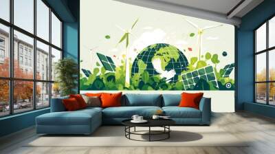 Green Earth Set Against Light Grey Background, Symbolizing Environmental Protection and Sustainable Development in Minimalist Style Wall mural