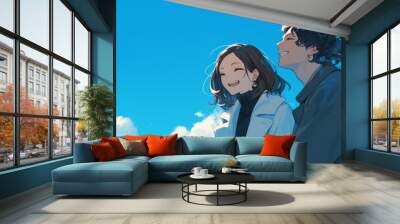 Happy couple sitting on the ice, gazing at clouds in a clear blue sky.  Wall mural