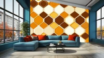 honeycomb shapes in shades of brown and white arranged in a symmetrical pattern on a solid orange background, symbolizing storage space within honeycomb structures, Wall mural