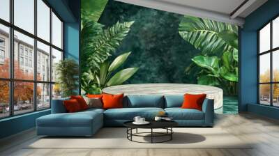 Jungle-themed background podium with a 3D green wood product platform and pedestal. Features a tropical setting with trees, leaves, and a summer forest ambiance  Wall mural