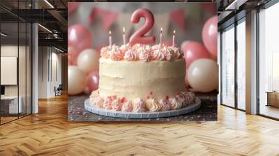 number 2 candle on a second year birthday cake celebration with balloons and party decoration as banner Wall mural