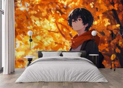 portrait of a handsome anime guy with striking black hair, standing in a bright autumn park Wall mural