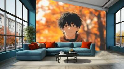 portrait of a handsome anime guy with striking black hair, standing in a bright autumn park Wall mural