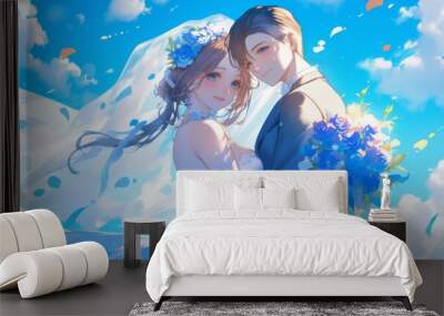 Romantic Anime Wedding Illustration Featuring Bride in Blue and White Dress Holding Roses, Groom in Black Suit Wall mural