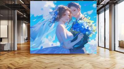 Romantic Anime Wedding Illustration Featuring Bride in Blue and White Dress Holding Roses, Groom in Black Suit Wall mural