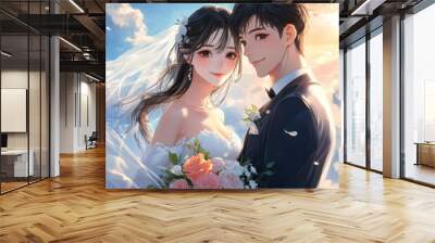 Romantic Anime Wedding Illustration Featuring Bride in Blue and White Dress Holding Roses, Groom in Black Suit Wall mural