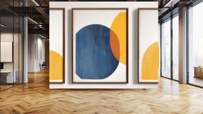 set of 3 Abstract art paintings in blue, yellow, and orange tones with geometric shapes on a white background, framed in wooden frames Wall mural