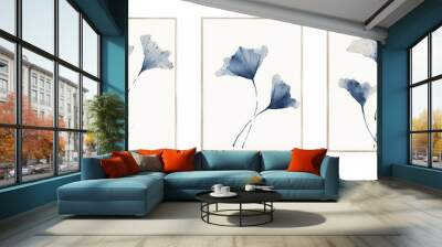 set of 3 wall art featuring abstract ginkgo leaves in shades of blue and beige. Wall mural