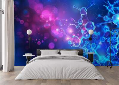 Structure of Molecules and Communication: DNA, Atoms, and Neurons. Scientific Concept with Connected Lines and Dots. Minimalist Vector Illustration for Medical, Technology, Chemistry, and Science Back Wall mural