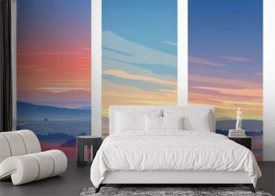 three  panels of countryside landscapes:  sunrise with  fields and distant mountains,  a sunset casting long shadows over hay bales ,  a twilight sky  Wall mural