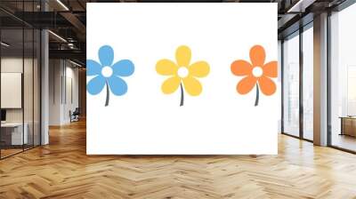 Three simple flower icons featuring blue, orange, and yellow designs Wall mural