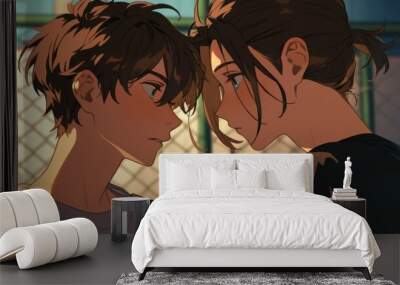 Two Men Gazing Into Each Other's Eyes in Anime Style, Featuring a Boy with Short Brown Hair Tied in Twin Buns, Minimalist Design with Copy Space

 Wall mural