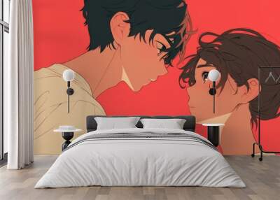 Two Men Gazing Into Each Other's Eyes in Anime Style, Featuring a Boy with Short Brown Hair Tied in Twin Buns, Minimalist Design with Copy Space

 Wall mural