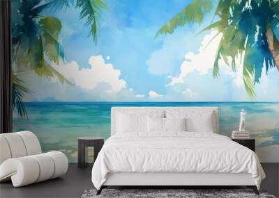 Watercolor Clip Art of a Beach Landscape with Palm Trees Wall mural