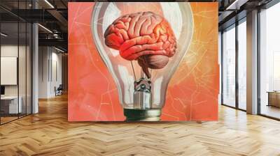 A light bulb with a brain inside of it. The bulb is lit up and the brain is glowing red. Concept of intelligence and the importance of the brain in our lives Wall mural