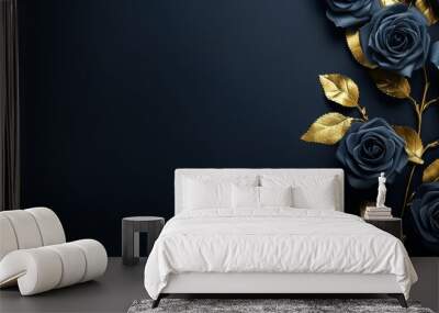 Dark blue roses with gold leaves on solid dark background Wall mural