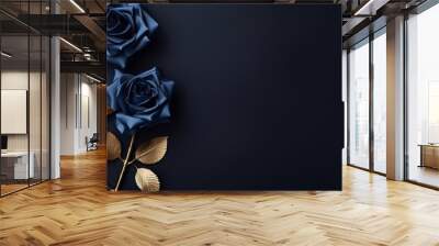 Dark blue roses with gold leaves on solid dark background Wall mural