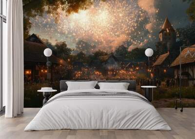 Enchanting Medieval Village Illuminated by Vibrant Fireworks Display Wall mural