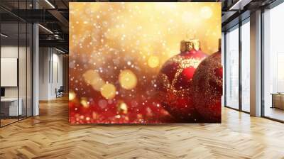 Festive Red and Gold Christmas Ornaments Sparkling Under Snowy Glittering Lights Wall mural