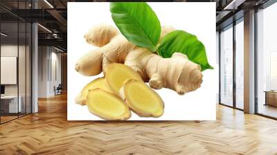 Fresh Ginger Root with Leaves and Slices Isolated on White Background Wall mural