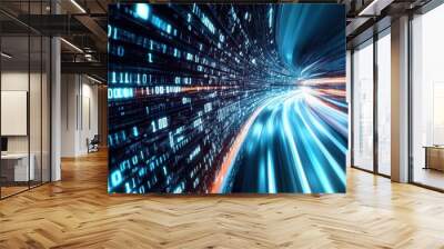 Futuristic Digital Data Tunnel with Binary Code Streaming Wall mural