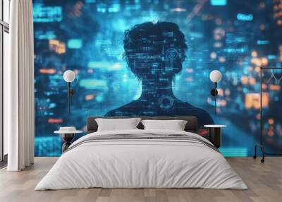 Futuristic Silhouette in Vibrant Cyberpunk City Landscape Wall mural