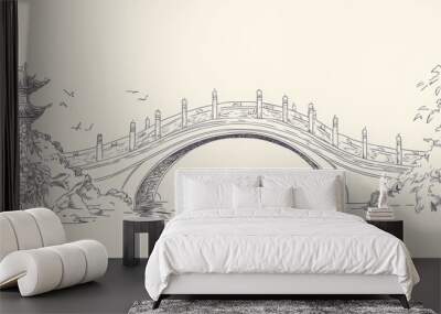 Graceful Arch Bridge in Serene Chinese Landscape Wall mural