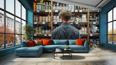 Man looking at the products on the shelf  Wall mural