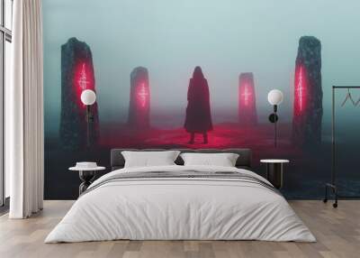 Mysterious Ominous Ritual in Misty Crimson Landscape Wall mural