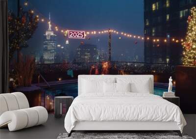 Stunning Rooftop Pool with Cityscape View at Night Wall mural