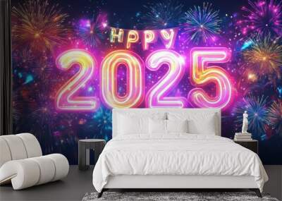 Vibrant 2025 New Year Celebration with Colorful Fireworks and Neon Lights Wall mural