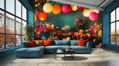 Vibrant Floral Celebration with Colorful Lanterns Wall mural