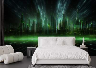 abstract technology background with green glowing lines and stripes. ai generated Wall mural