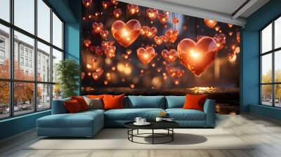 love hearts on a dark background with bokeh lights and particles Wall mural