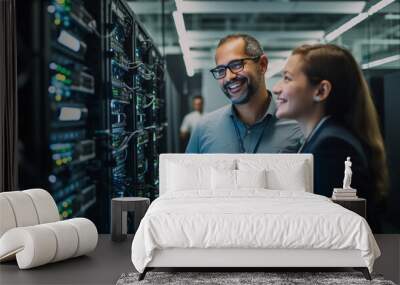  a collaborative moment between a male IT specialist and a female server technician. They discuss work in a data center Wall mural