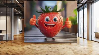 A cheerful animated strawberry character with a happy expression giving thumbs up on a sunny day in a vibrant urban garden Wall mural