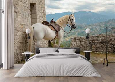 A white horse near an ancient stone wall gazes over a mountain landscape Wall mural