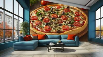 Delicious freshly baked pizza topped with tomatoes, olives, and herbs on a rustic wooden board in a cozy kitchen setting Wall mural