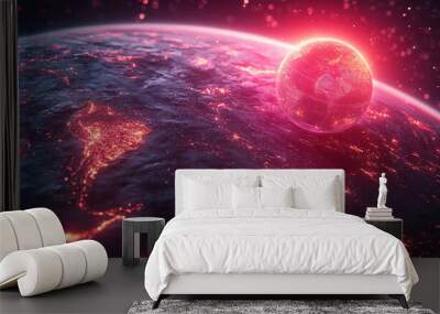 A 3D rendering background of a neon colorful global world in cyberspace, representing future energy power technology and internet connection concept. Wall mural