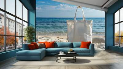 A blank eco cotton tote bag with a sea background, perfect for summer vacation and beach outings. Wall mural