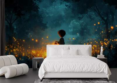 A boy in pajamas holding a lantern is alone in a mysterious forest, the dream of a child trapped in a dark and terrifying forest. Digital art style, illustration painting. Wall mural