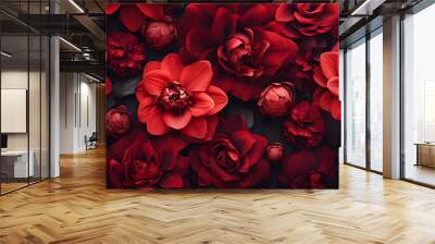 A close-up of beautiful red flowers blooming in flowerbeds against a dark, moody floral background, creating a photorealistic effect, Wall mural