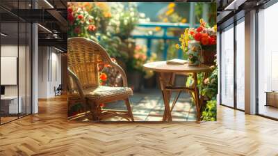 A serene and cozy outdoor scene on a sunny day, with a table adorned with a book and a phone, and a chair decorated with vibrant flowers. Wall mural