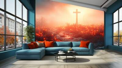 A solemn background concept for All Saints Day with religious symbols and candles in a church setting. Wall mural