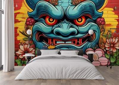 painting of oni demon with flowers on wall  2 Wall mural