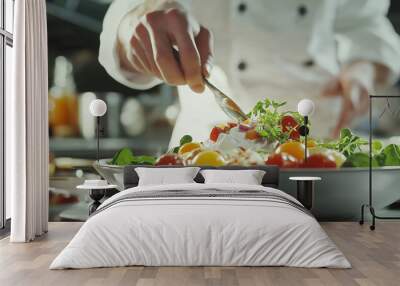 A chef or home cook preparing a gourmet meal in a modern kitchen, capturing the process and final dish Wall mural