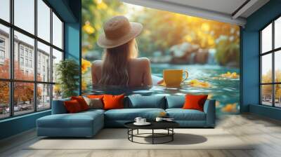 girl in park, the balance between work and leisure by capturing moments of relaxation during a workday, such as a break for coffee, a walk in the park, or reading at home Wall mural